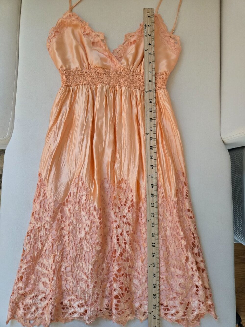 BCBG Max Azria Peach Silk Lace Smocked Waist Slip Dress Size Small - Picture 7 of 9